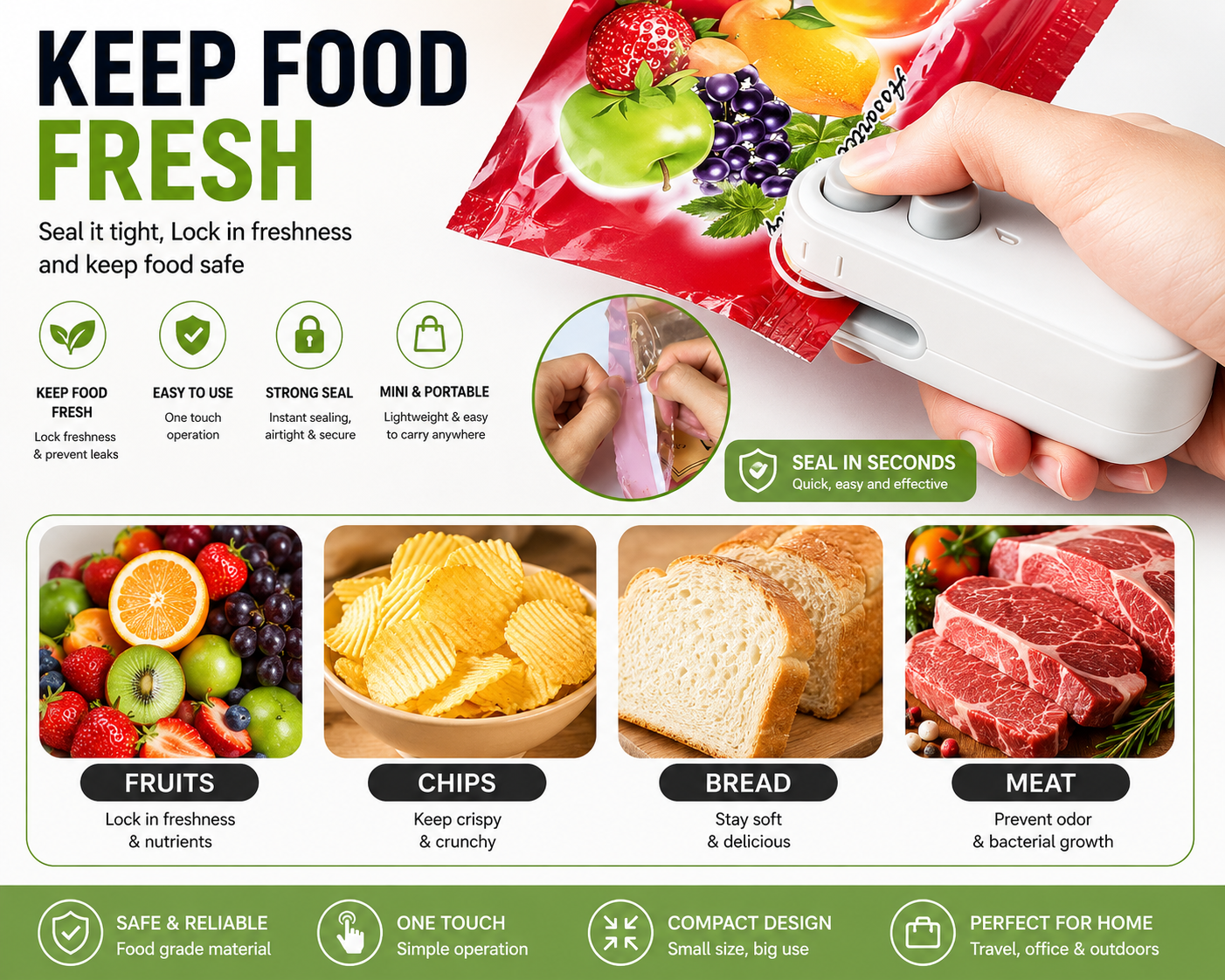 Compact food sealing machine for kitchen use