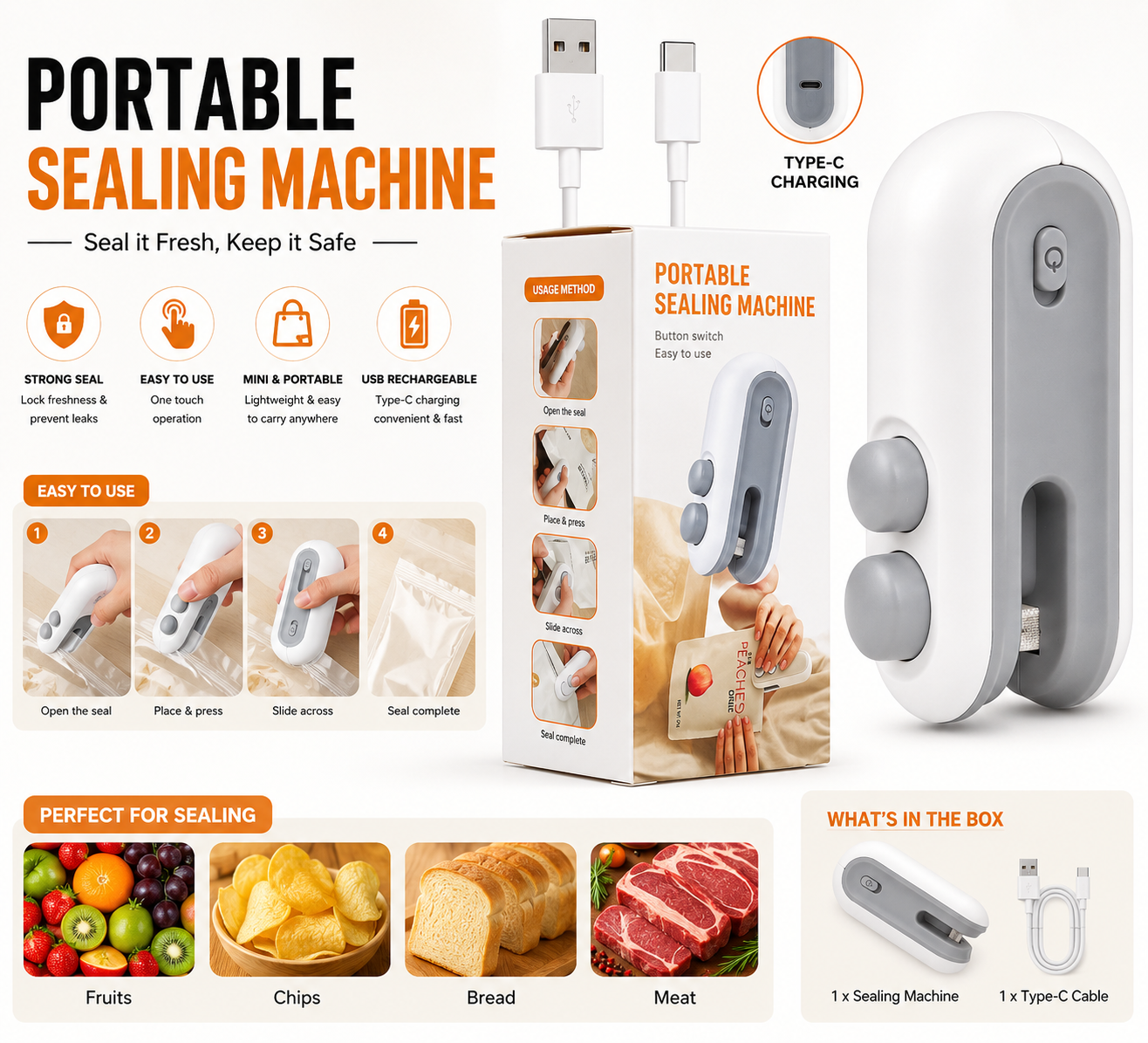 Portable Mini Sealing Machine 2 in 1 USB Rechargeable Magnetic Bag Sealer Heat Seal with Cutter