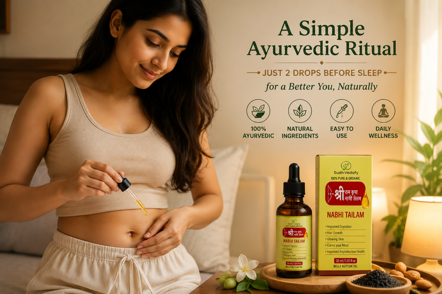 Woman applying Sri Ram Kirpa Nabhi Tailam as part of a nightly wellness routine