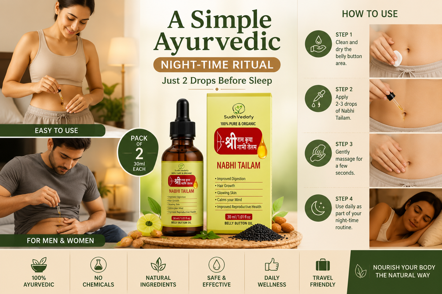 How to use Sri Ram Kirpa Nabhi Tailam with simple nightly application steps