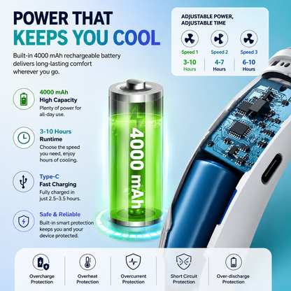 4000 mah battery cooling fan neck mini fan